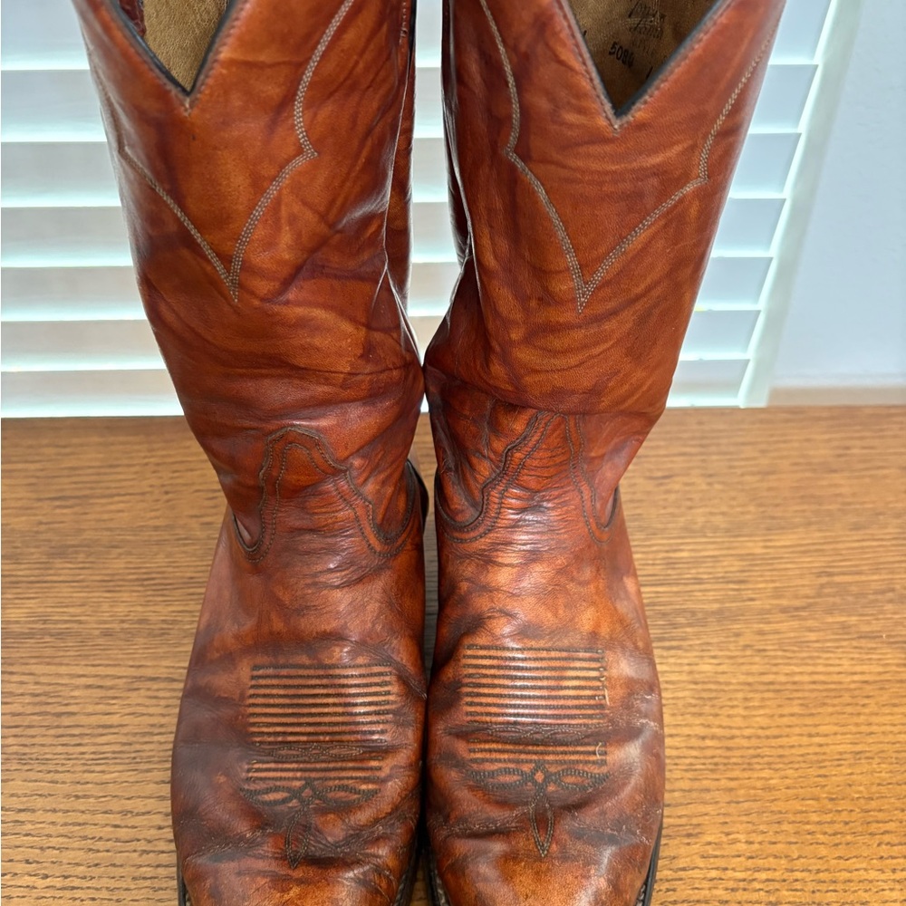 Tony Lama Cognac Brown Leather Cowboy Boots with Stitch Detailing